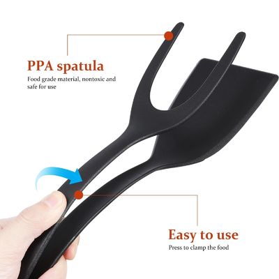 রান্নার সরঞ্জাম জন্য 2 ইন 1 Spatula Tong কালো ডিম Flipper Tong প্যানকেক মাছ ফ্রেঞ্চ টোস্ট