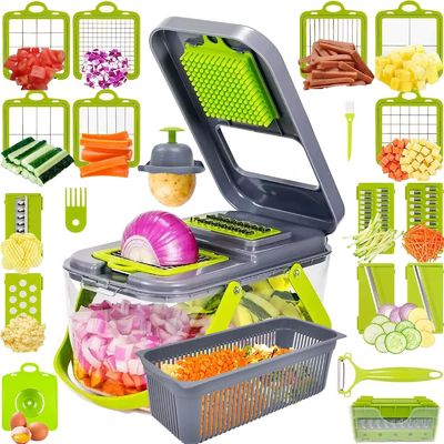 22pcs গ্রাসেবল স্লাইসার ডাইসার ড্রেন বাস্কেট হ্যান্ডেল এবং টেকসই ম্যান্ডোলিন কাটার সহ